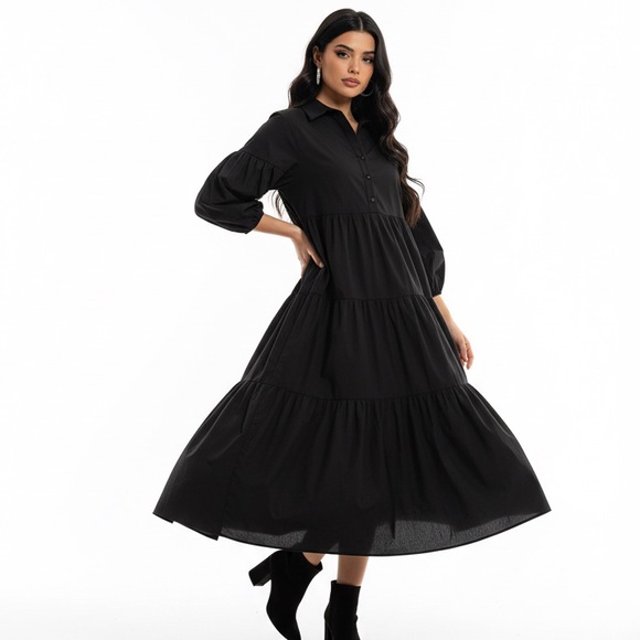 Anthropologie Maeve Black Bettina Tiered Midi Shirt Dress Size Xlarge - Picture 3 of 9